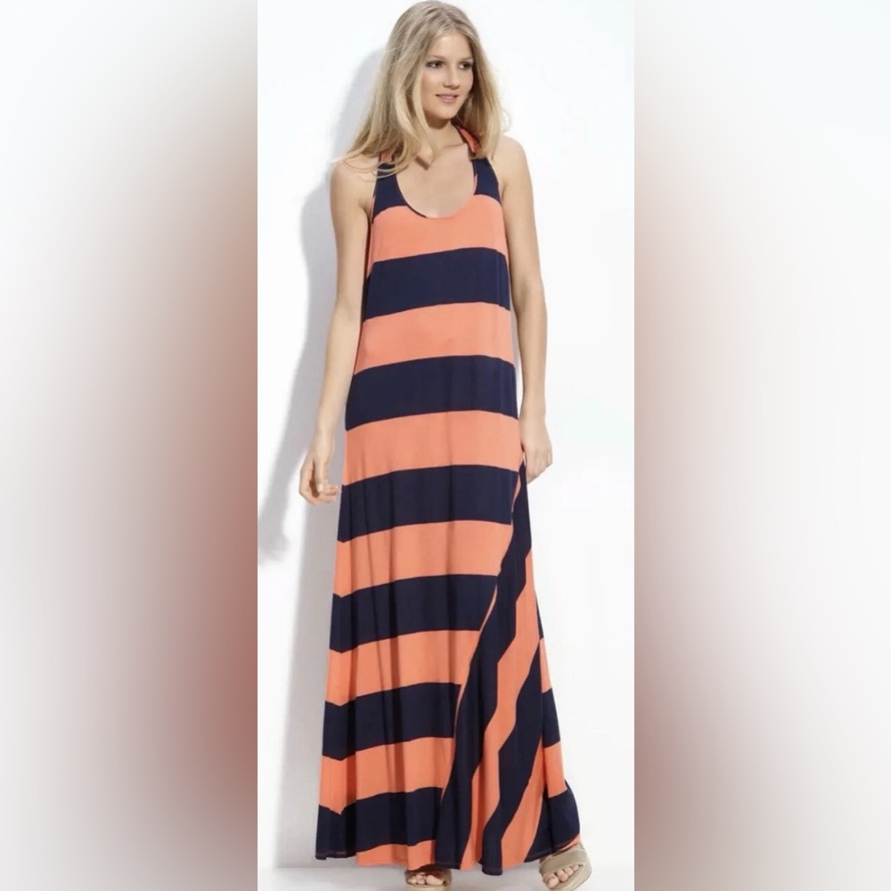 SPLENDID MADE USA RACERBACK MAXI FLOOR GRAZING STRIPED CORAL BLUE M
